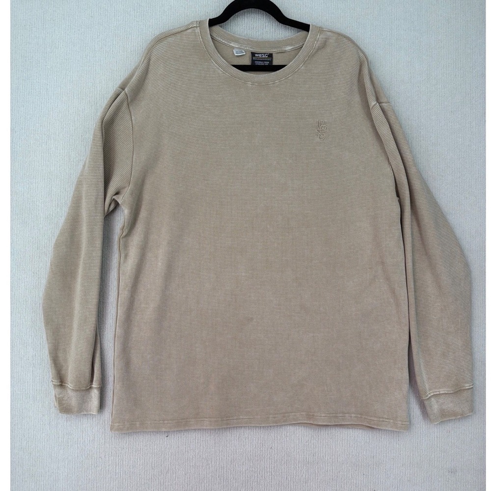 WeSC Unisex Thermal Enzyme Washed Vertical Logo Long Sleeve Shirt Tan XL